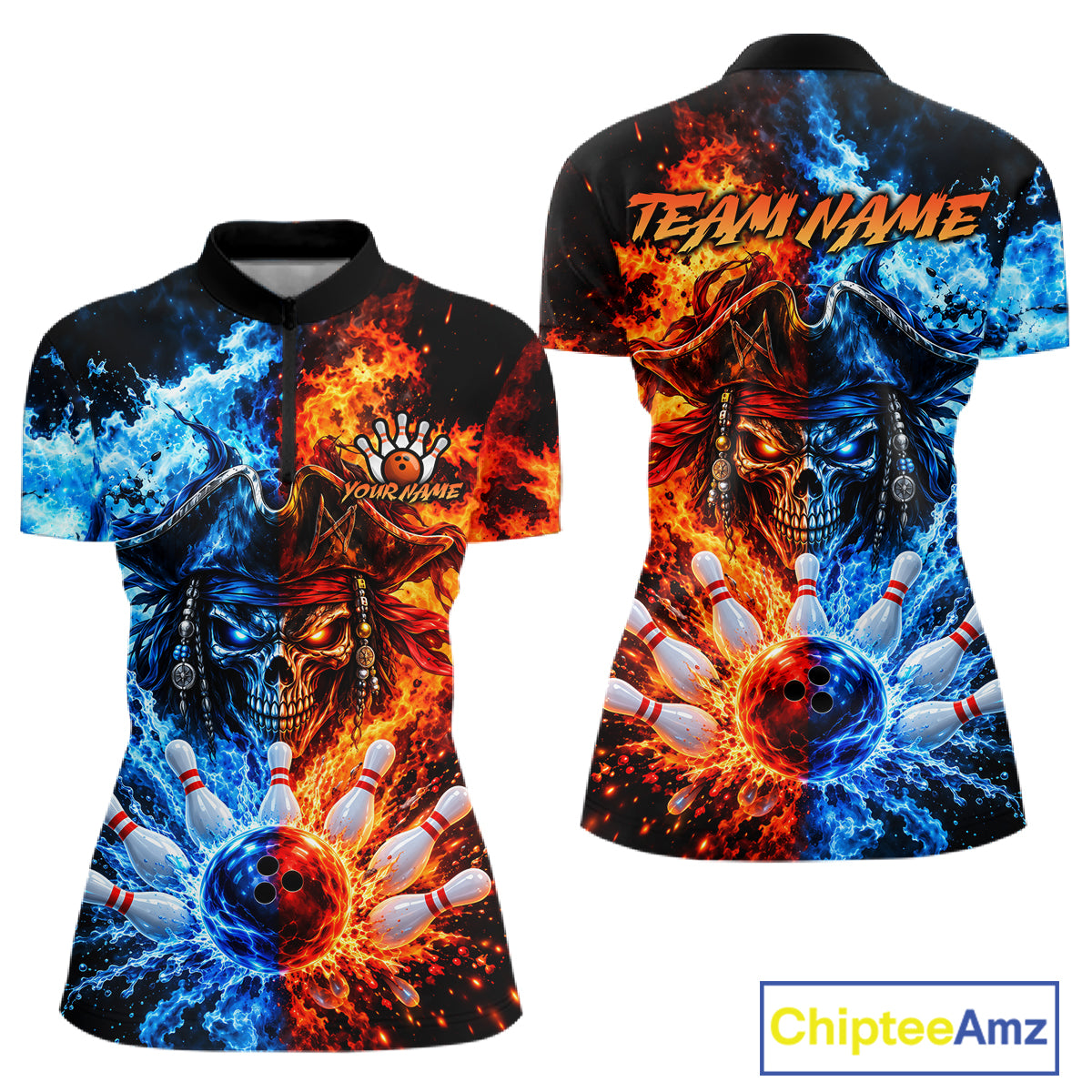 Custom Fire And Ice Pirate Bowling Shirts For Women Personalized Bowling Team Jersey Polo, 1/4 Zip TDM8110