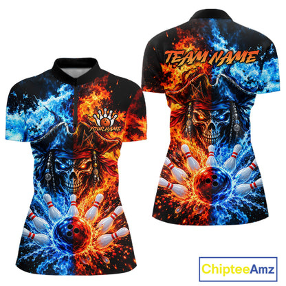 Custom Fire And Ice Pirate Bowling Shirts For Women Personalized Bowling Team Jersey Polo, 1/4 Zip TDM8110