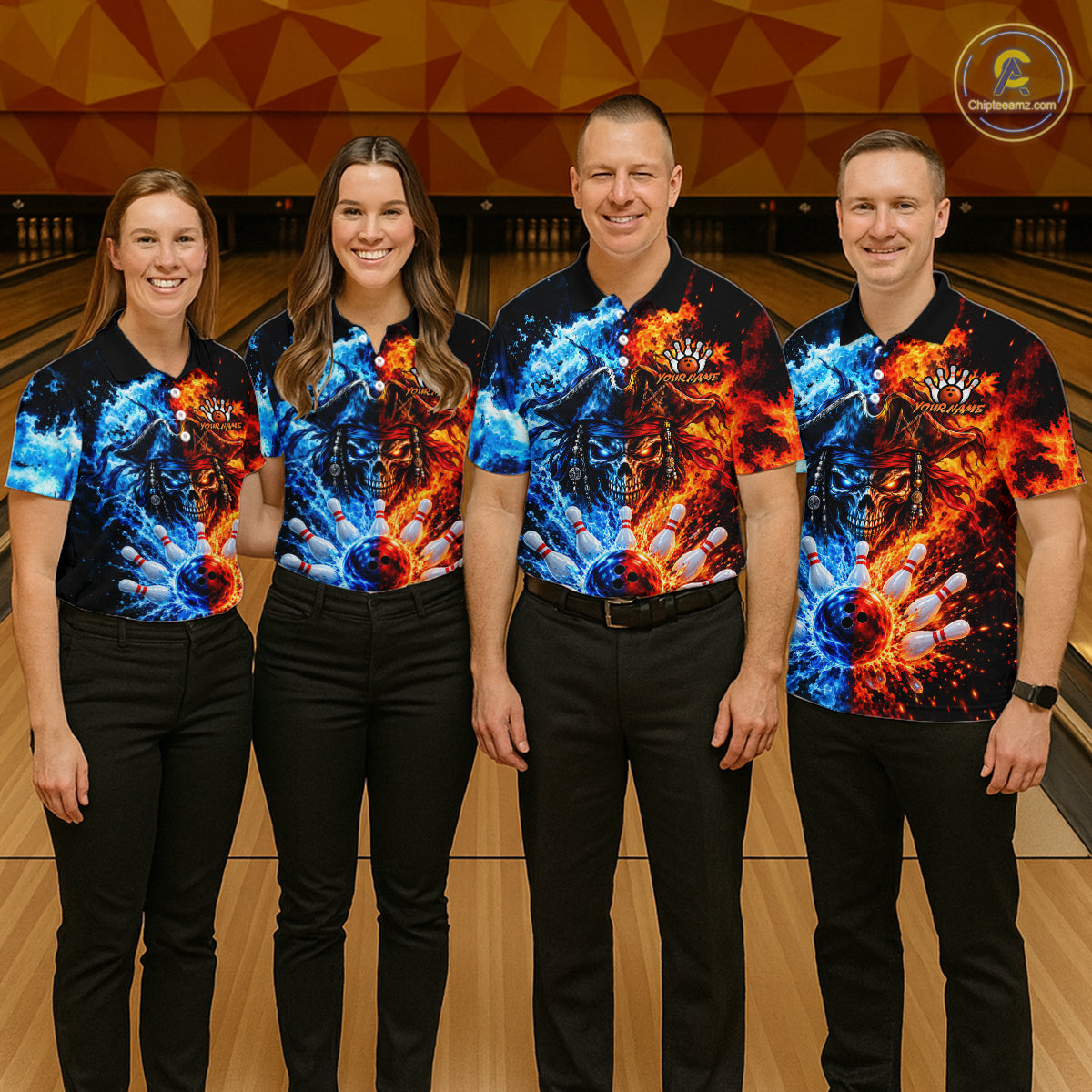 Custom Fire And Ice Pirate Bowling Shirts For Men Personalized Bowling Team Jersey Polo, 1/4 Zip TDM8110