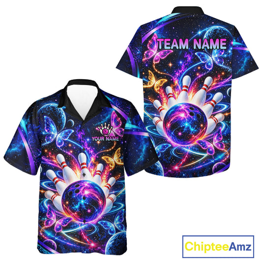 Neon Galaxy Butterfly Glowing Bowling Hawaiian Shirt For Men Women Custom Bowling Button Up Team Jersey TDM8119