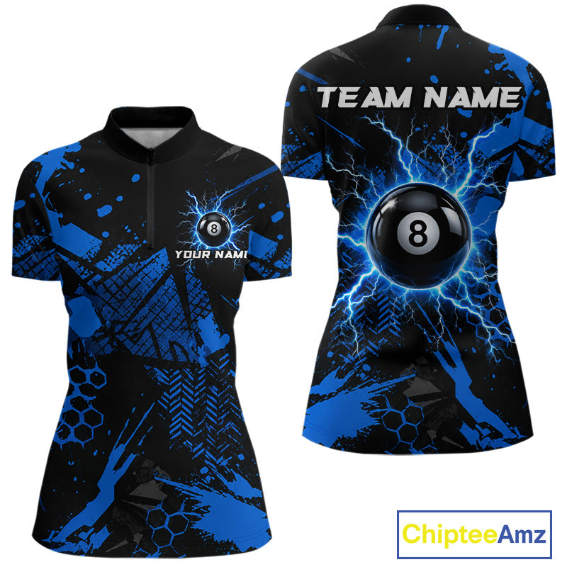 Black And Blue Grunge Lightning 8 Ball Pool Jersey For Women Custom Billiard League Team Shirts TDM7172
