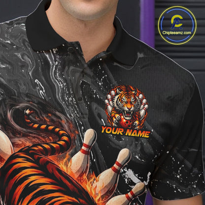 Personalized Flame Tiger Bowling Shirt For Men Custom Bowling League Team Jersey Polo & 1/4 Zip TDM6295