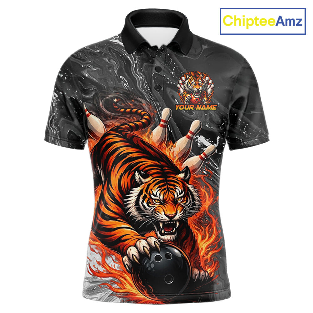 Personalized Flame Tiger Bowling Shirt For Men Custom Bowling League Team Jersey Polo & 1/4 Zip TDM6295
