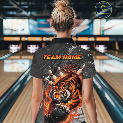 Personalized Flame Tiger Bowling Shirt For Women Custom Bowling League Team Jersey Polo & 1/4 Zip TDM6295