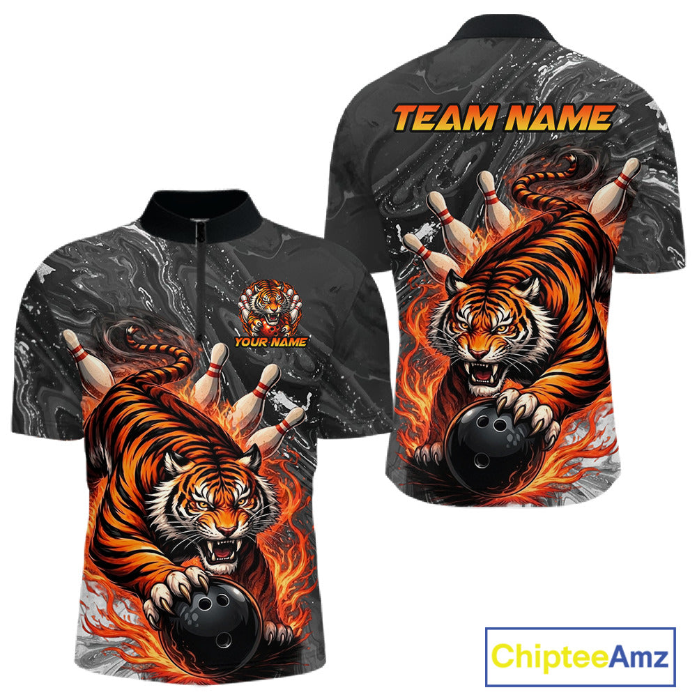 Personalized Flame Tiger Bowling Shirt For Men Custom Bowling League Team Jersey Polo & 1/4 Zip TDM6295