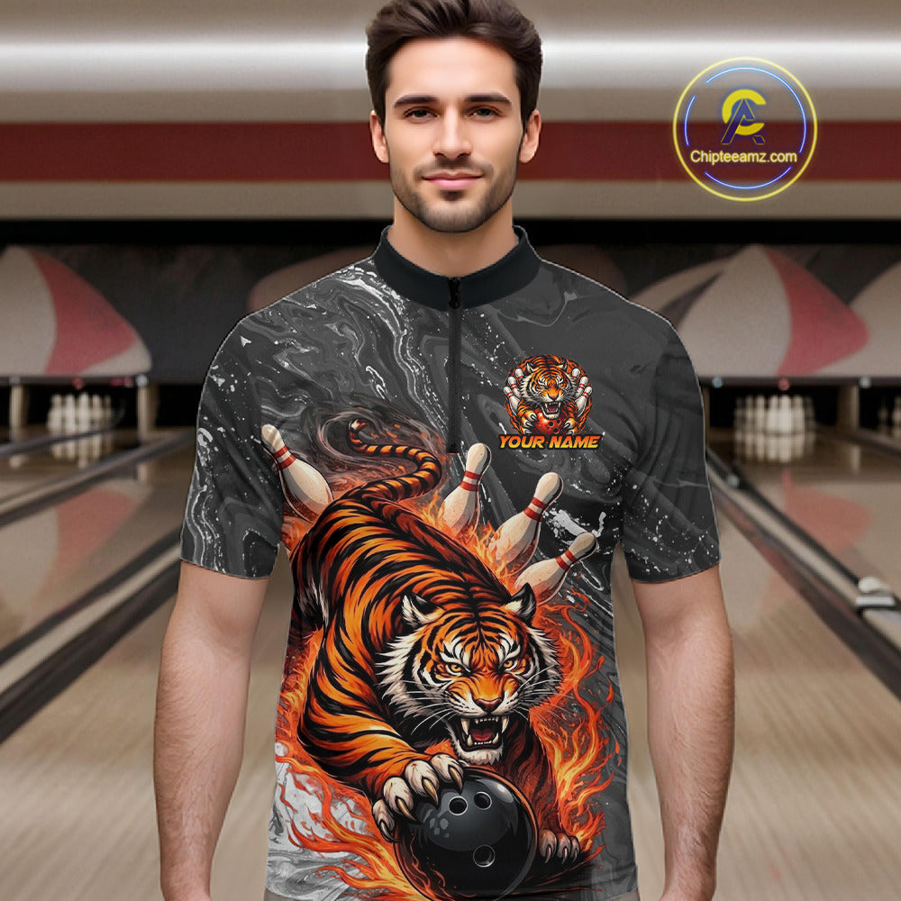 Personalized Flame Tiger Bowling Shirt For Men Custom Bowling League Team Jersey Polo & 1/4 Zip TDM6295