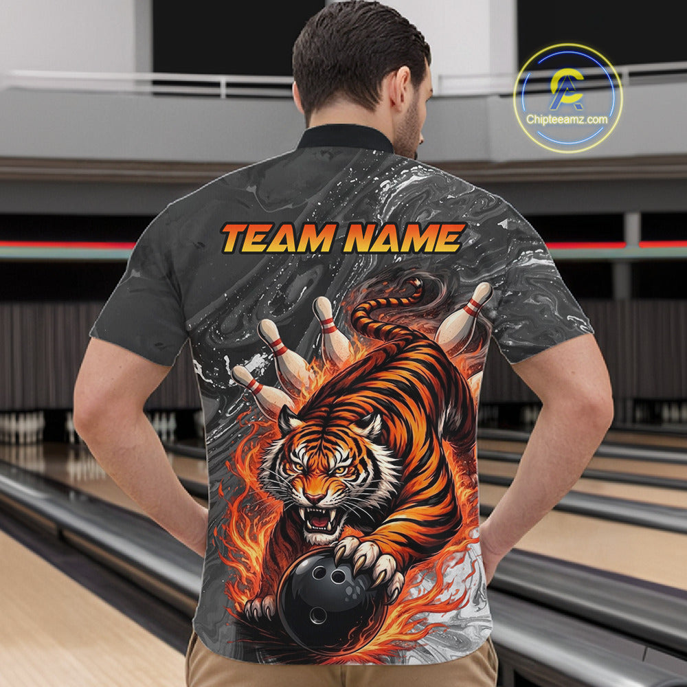 Personalized Flame Tiger Bowling Shirt For Men Custom Bowling League Team Jersey Polo & 1/4 Zip TDM6295