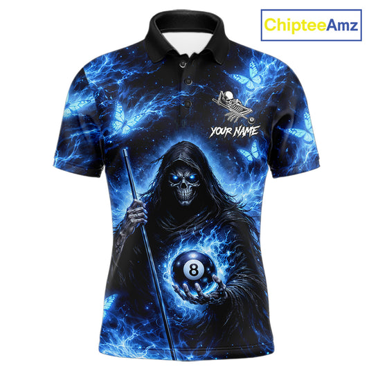 Blue Grim Reaper Butterfly Billiard Shirt For Men Custom 8 Ball Pool Team Jersey Polo & 1/4 Zip TDM6299