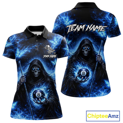 Blue Grim Reaper Butterfly Billiard Shirt For Women Custom 8 Ball Pool Team Jersey Polo & 1/4 Zip TDM6299