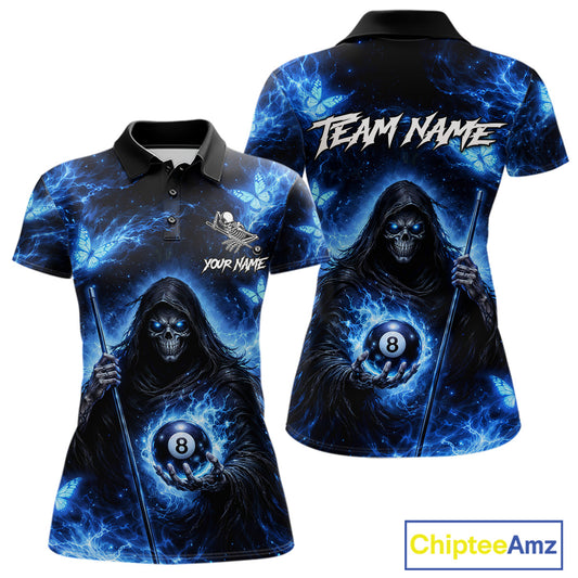 Blue Grim Reaper Butterfly Billiard Shirt For Women Custom 8 Ball Pool Team Jersey Polo & 1/4 Zip TDM6299