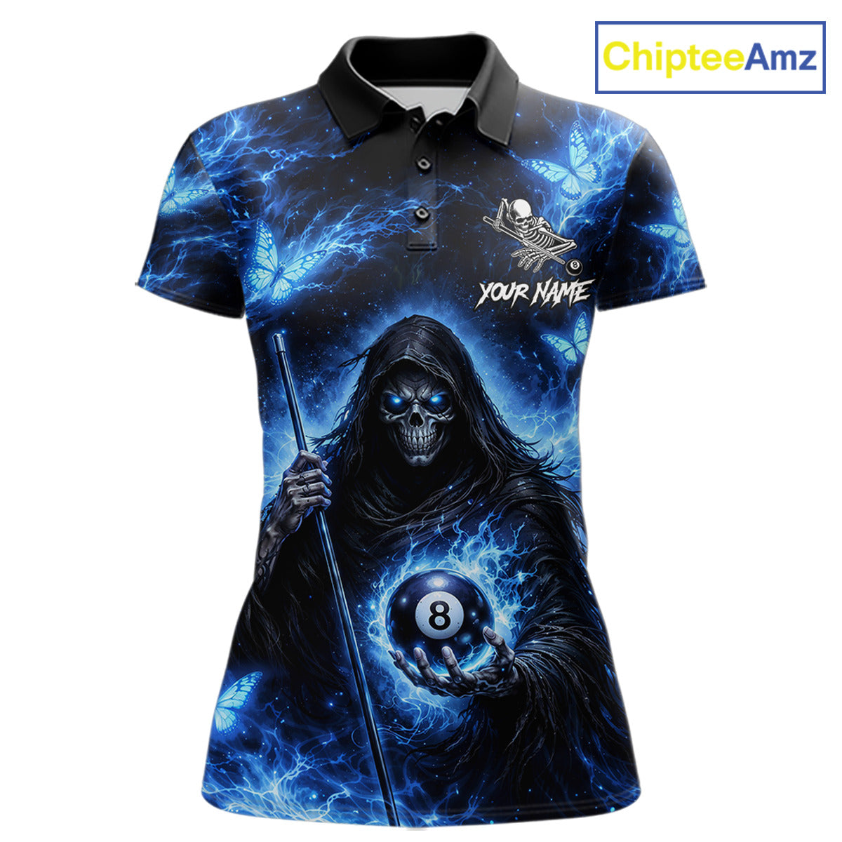 Blue Grim Reaper Butterfly Billiard Shirt For Women Custom 8 Ball Pool Team Jersey Polo & 1/4 Zip TDM6299