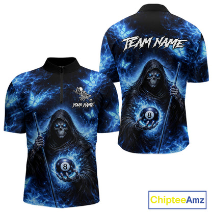 Blue Grim Reaper Butterfly Billiard Shirt For Men Custom 8 Ball Pool Team Jersey Polo & 1/4 Zip TDM6299