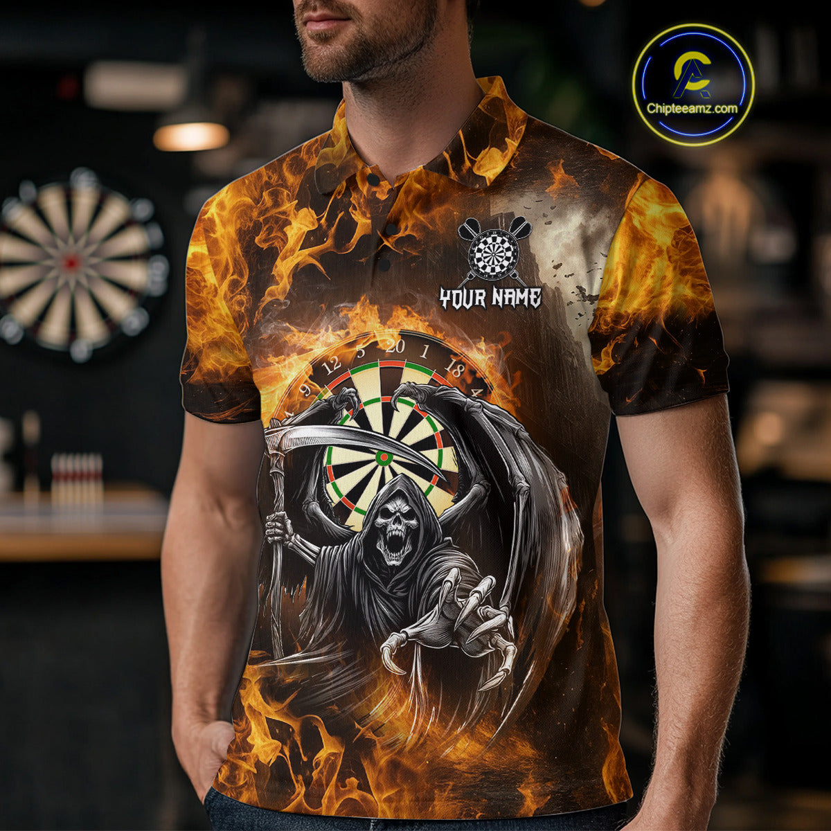 Personalized Orange Flaming Grim Reaper Darts Shirt For Men Custom Fire Darts Team Jersey TDM4974