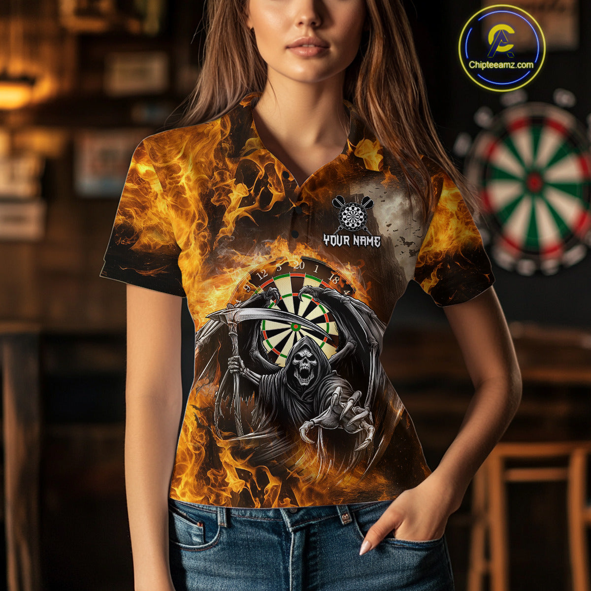 Personalized Orange Flaming Grim Reaper Darts Shirt For Women Custom Fire Darts Team Jersey TDM4974