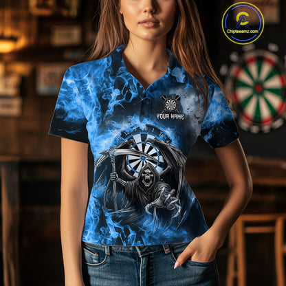Personalized Blue Flaming Grim Reaper Darts Shirt For Women Custom Fire Darts Team Jersey TDM4975