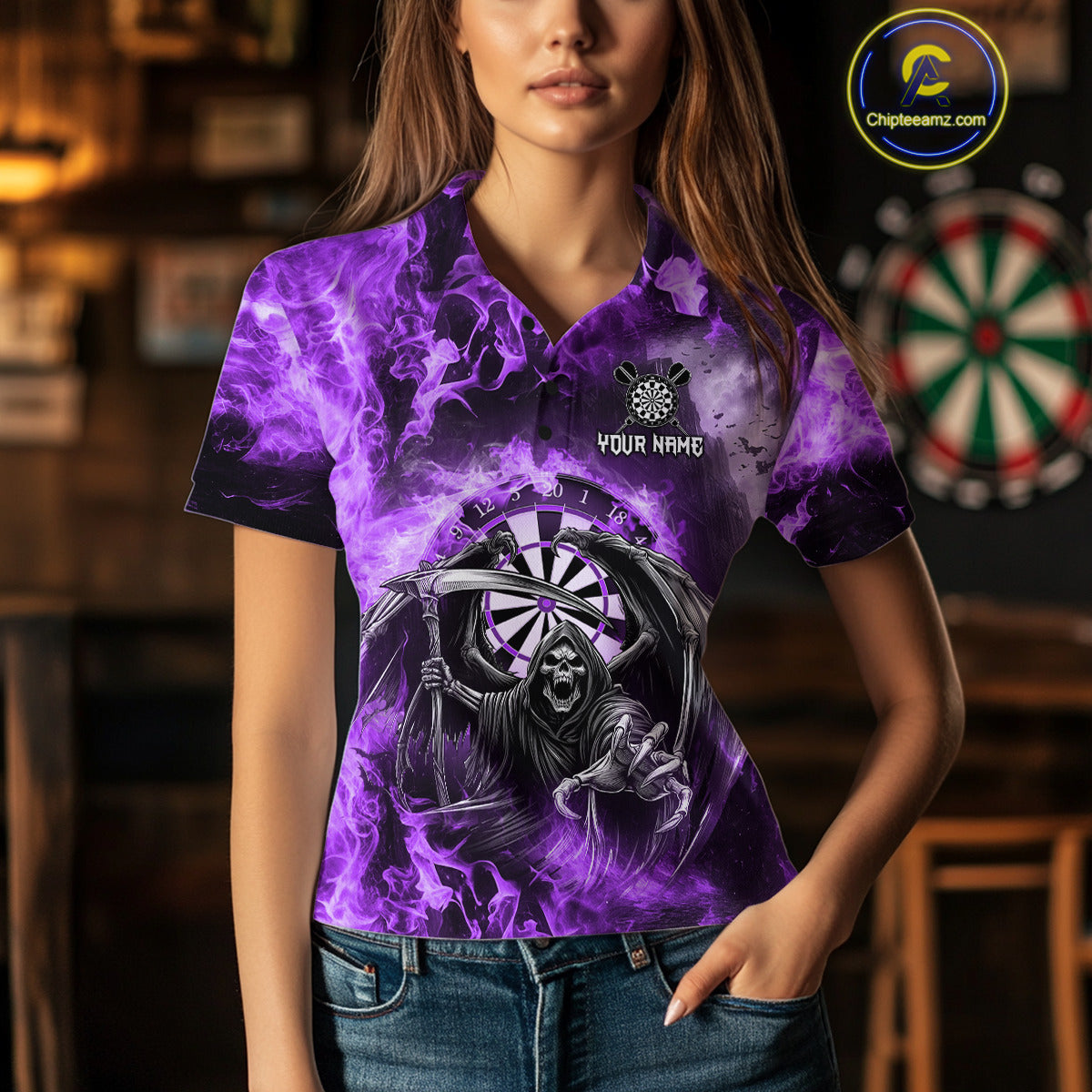 Personalized Purple Flaming Grim Reaper Darts Shirt For Women Custom Fire Darts Team Jersey TDM4976