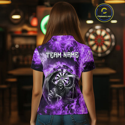 Personalized Purple Flaming Grim Reaper Darts Shirt For Women Custom Fire Darts Team Jersey TDM4976