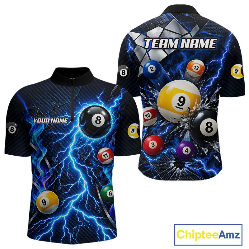 Blue Lightning Thunder 8 Ball & 9 Ball Pool Shirts For Men Custom Billiard League Team Jersey TDM7818