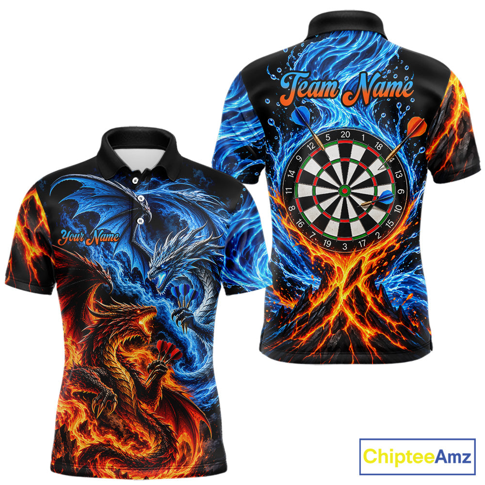 Orange And Blue Custom Dragon Water Fire Darts Shirts For Men, Darts Team Jersey Polo & 1/4 Zip TDM7829