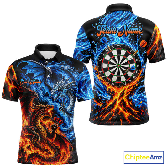 Orange And Blue Custom Dragon Water Fire Darts Shirts For Men, Darts Team Jersey Polo & 1/4 Zip TDM7829