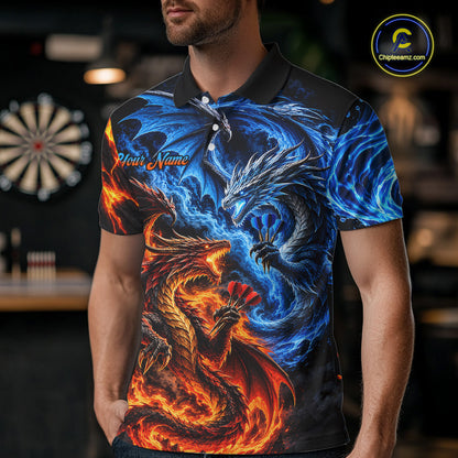 Orange And Blue Custom Dragon Water Fire Darts Shirts For Men, Darts Team Jersey Polo & 1/4 Zip TDM7829