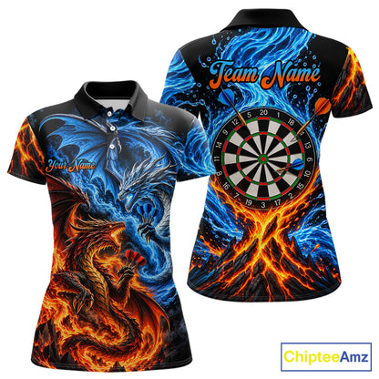 Orange And Blue Custom Dragon Water Fire Darts Shirts For Women, Darts Team Jersey Polo & 1/4 Zip TDM7829