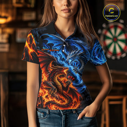 Orange And Blue Custom Dragon Water Fire Darts Shirts For Women, Darts Team Jersey Polo & 1/4 Zip TDM7829