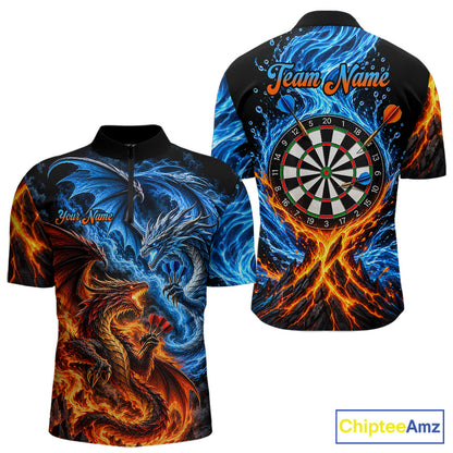 Orange And Blue Custom Dragon Water Fire Darts Shirts For Men, Darts Team Jersey Polo & 1/4 Zip TDM7829