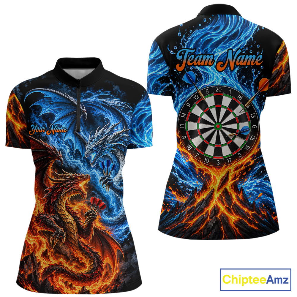 Orange And Blue Custom Dragon Water Fire Darts Shirts For Women, Darts Team Jersey Polo & 1/4 Zip TDM7829