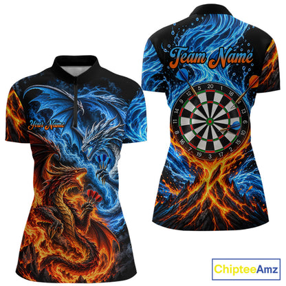 Orange And Blue Custom Dragon Water Fire Darts Shirts For Women, Darts Team Jersey Polo & 1/4 Zip TDM7829