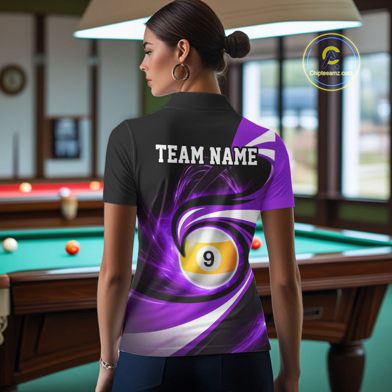 Woman wearing black and purple 8 ball and 9 ball pool billiard team jersey polo shirt featuring bold black and purple graphics, back view.