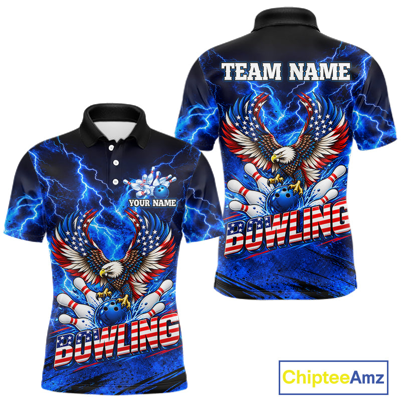 Custom Blue Lightning Thunder US Flag Eagle Bowling Shirts for Men Patriotic Bowling Team Jersey TDM7471