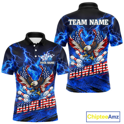 Custom Blue Lightning Thunder US Flag Eagle Bowling Shirts for Men Patriotic Bowling Team Jersey TDM7471