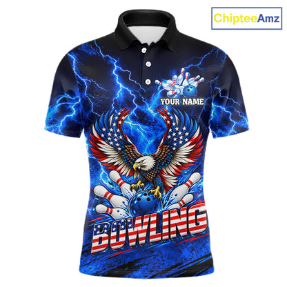 Custom Blue Lightning Thunder US Flag Eagle Bowling Shirts for Men Patriotic Bowling Team Jersey TDM7471