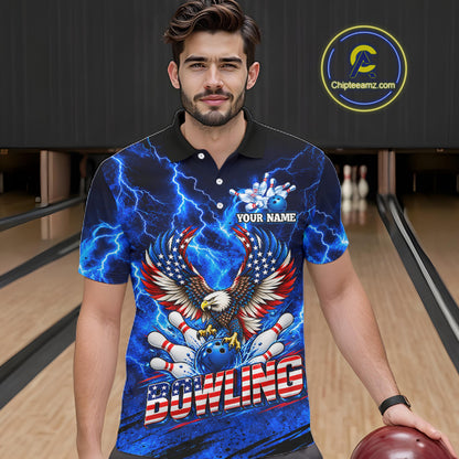 Custom Blue Lightning Thunder US Flag Eagle Bowling Shirts for Men Patriotic Bowling Team Jersey TDM7471