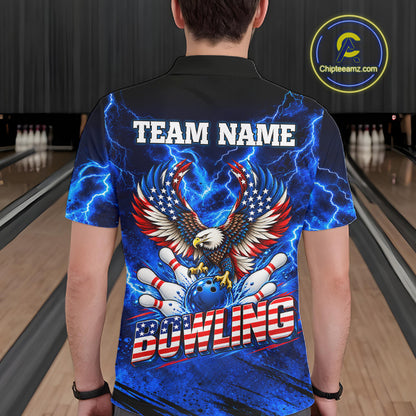 Custom Blue Lightning Thunder US Flag Eagle Bowling Shirts for Men Patriotic Bowling Team Jersey TDM7471