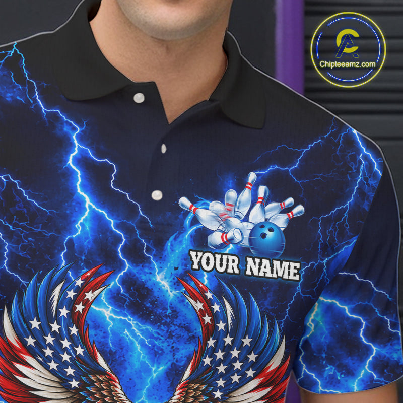 Custom Blue Lightning Thunder US Flag Eagle Bowling Shirts for Men Patriotic Bowling Team Jersey TDM7471