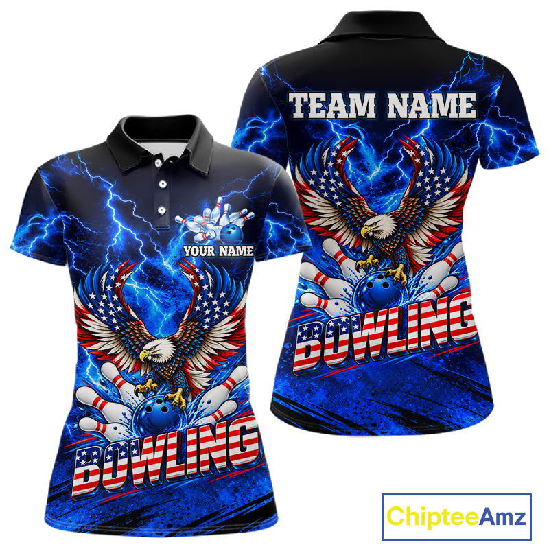 Custom Blue Lightning Thunder US Flag Eagle Bowling Shirts for Women Patriotic Bowling Team Jersey TDM7471