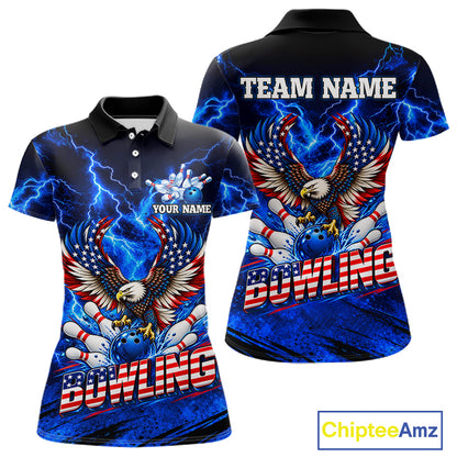 Custom Blue Lightning Thunder US Flag Eagle Bowling Shirts for Women Patriotic Bowling Team Jersey TDM7471