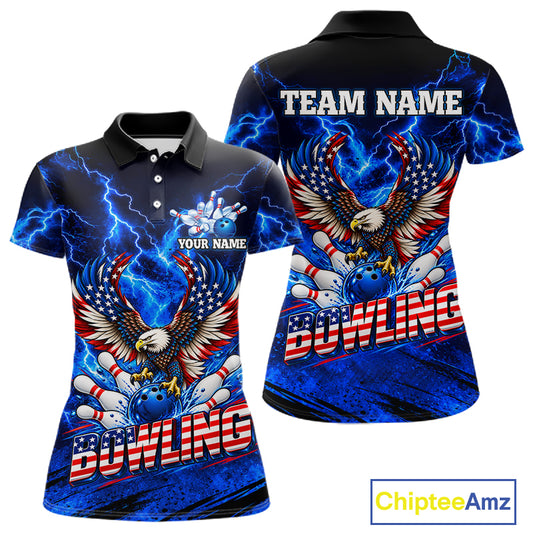 Custom Blue Lightning Thunder US Flag Eagle Bowling Shirts for Women Patriotic Bowling Team Jersey TDM7471