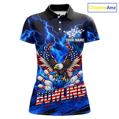 Custom Blue Lightning Thunder US Flag Eagle Bowling Shirts for Women Patriotic Bowling Team Jersey TDM7471