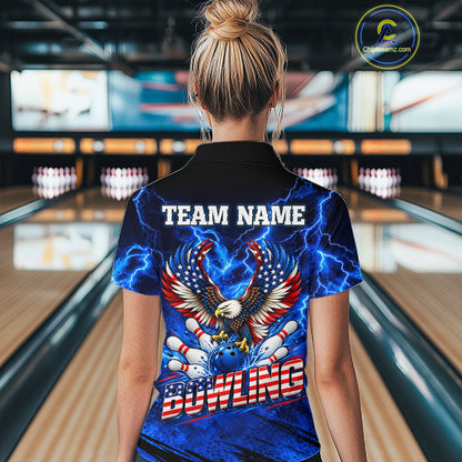 Custom Blue Lightning Thunder US Flag Eagle Bowling Shirts for Women Patriotic Bowling Team Jersey TDM7471