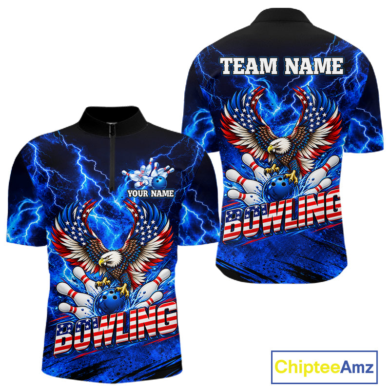 Custom Blue Lightning Thunder US Flag Eagle Bowling Shirts for Men Patriotic Bowling Team Jersey TDM7471