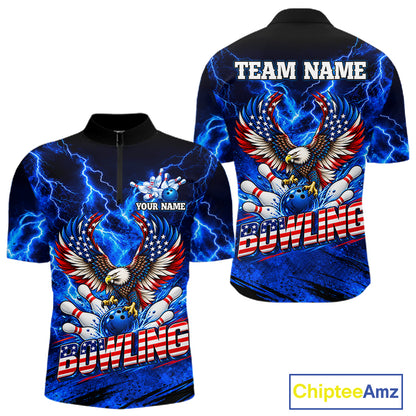 Custom Blue Lightning Thunder US Flag Eagle Bowling Shirts for Men Patriotic Bowling Team Jersey TDM7471