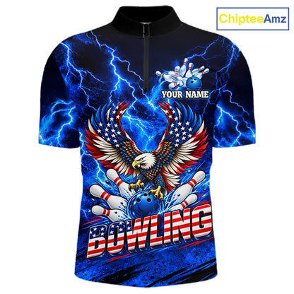 Custom Blue Lightning Thunder US Flag Eagle Bowling Shirts for Men Patriotic Bowling Team Jersey TDM7471