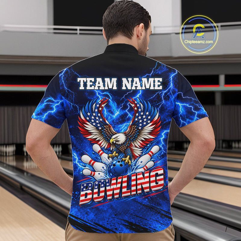 Custom Blue Lightning Thunder US Flag Eagle Bowling Shirts for Men Patriotic Bowling Team Jersey TDM7471