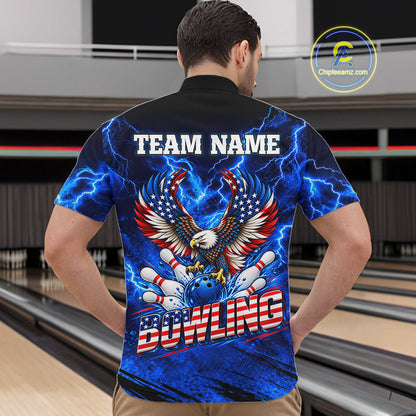 Custom Blue Lightning Thunder US Flag Eagle Bowling Shirts for Men Patriotic Bowling Team Jersey TDM7471