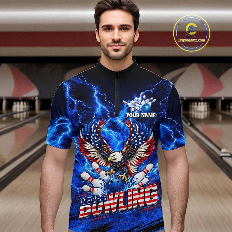 Custom Blue Lightning Thunder US Flag Eagle Bowling Shirts for Men Patriotic Bowling Team Jersey TDM7471