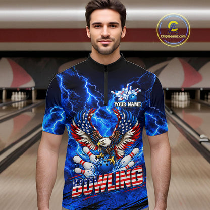 Custom Blue Lightning Thunder US Flag Eagle Bowling Shirts for Men Patriotic Bowling Team Jersey TDM7471