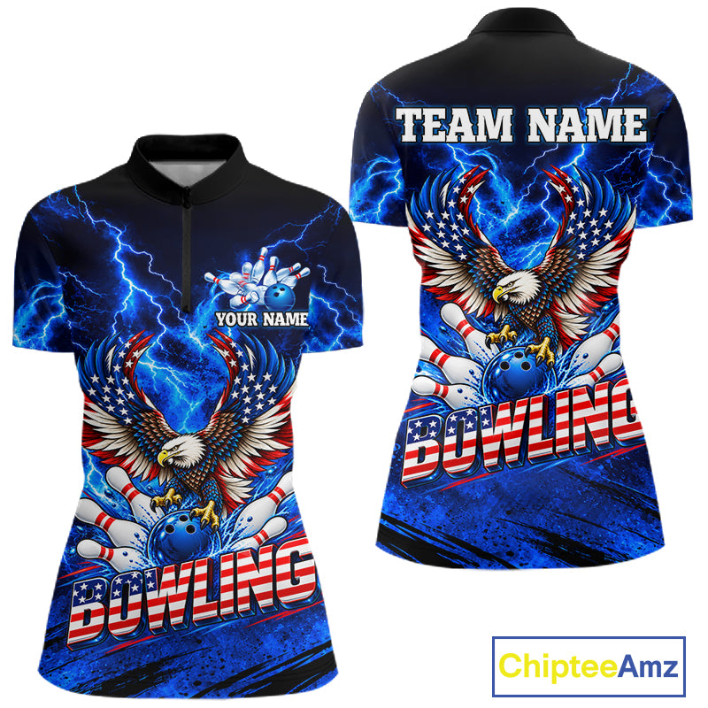 Custom Blue Lightning Thunder US Flag Eagle Bowling Shirts for Women Patriotic Bowling Team Jersey TDM7471
